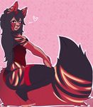  &lt;3 anthro big_tail black_hair brown_fur canine clothed clothing corset crouching ear_piercing female fox fur hair half-closed_eyes kammymau legwear looking_at_viewer mammal open_mouth panties piercing simple_background skimpy solo stripes thigh_highs tongue underwear 