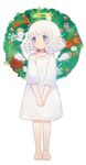  angel_wings anklet ayu_(mog) bad_id bad_pixiv_id barefoot blue_eyes christmas_wreath dress flower full_body halo jewelry original short_hair simple_background solo standing v_arms white_background white_hair wings wreath 