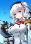  aircraft airplane binoculars breasts day epaulettes kantai_collection kashima_(kantai_collection) large_breasts long_hair military military_uniform silver_hair sky smile solo turret twintails uniform wavy_hair yaosera 