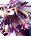  blonde_hair bow dress dutch_angle fan gap gradient gradient_background hair_bow hair_ornament hat hat_ribbon highres itsumizu long_hair long_sleeves looking_to_the_side mob_cap puffy_sleeves purple_eyes ribbon smile solo tabard touhou upper_body wide_sleeves yakumo_yukari 