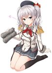  arm_support binoculars breasts full_body gloves hat kantai_collection kashima_(kantai_collection) large_breasts long_hair military military_uniform miniskirt pleated_skirt silver_hair simple_background sitting skirt smile solo takehana_note tsurime uniform wariza white_background 