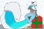  &lt;3 anthro big_tail blue_hair canine christmas clothed clothing female fur gift grey_fur hair hat holidays kammymau looking_at_viewer mammal santa_hat simple_background sitting solo 