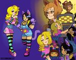  2girls :3 animal_ears black_hair blonde_hair blue_(hopebiscuit) blue_eyes bratty_(undertale) burgerpants capelet cat_ears cat_tail catty_(undertale) eyeshadow fang freckles frisk_(undertale) heart heart-shaped_pupils hug lipstick makeup mettaton money multicolored_hair multiple_girls one_eye_closed overalls personification platform_footwear red_eyes streaked_hair striped striped_legwear sweat symbol-shaped_pupils tail thighhighs undertale zettai_ryouiki 