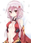  bad_id bad_pixiv_id bare_shoulders blush breasts center_opening cleavage commentary_request detached_sleeves guilty_crown hair_ornament hairclip hatsumi_mitsuha long_hair looking_at_viewer medium_breasts navel pink_hair red_eyes solo twintails yuzuriha_inori 