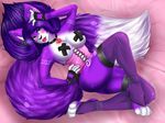 anthro blush breasts canine clothed clothing collar corset ear_piercing female fingerless_gloves fur gloves hair half-closed_eyes invalid_tag kammymau legwear looking_at_viewer lying mammal on_back open_mouth piercing purple_fur purple_hair simple_background skimpy smile solo thigh_highs tribal_markings wolf 