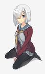  asaoka_(0x0) blue_eyes cardigan full_body hair_ornament hair_over_one_eye hairclip hamakaze_(kantai_collection) kantai_collection pantyhose school_uniform serafuku short_hair silver_hair skirt smile solo 