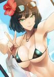  1girl armpits bald ban bikini bikini_top black_bikini black_hair bracelet breasts cleavage covered_nipples eyewear_on_head flower fubuki_(one-punch_man) green_eyes hair_flower hair_ornament hibiscus jewelry large_breasts looking_at_viewer micro_bikini nail_polish necklace one-punch_man pendant photobomb reaching_out red_nails saitama_(one-punch_man) self_shot shiny shiny_skin shirt short_hair skindentation smile strap_gap sunglasses swimsuit t-shirt v 