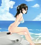  bad_id bad_pixiv_id beach beifeng_han bikini black_hair blue_bikini breasts cloud crossed_legs day frilled_bikini frills hair_between_eyes hair_ribbon inflatable_dolphin inflatable_toy large_breasts long_hair long_legs miyaura_sanshio ocean original ponytail purple_eyes ribbon sideboob sitting smile solo swimsuit 