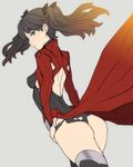  archer archer_(cosplay) ass back ban black_hair blue_eyes cosplay fate/stay_night fate_(series) flat_ass grey_background highres simple_background solo thighhighs toosaka_rin twintails 