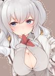  blurry blush breasts bursting_breasts cleavage depth_of_field dotted_line dress_shirt gloves grey_eyes grey_hair heart jacket kantai_collection kashima_(kantai_collection) kerchief large_breasts looking_at_viewer military military_uniform mouth_hold nekoume open_clothes open_jacket open_shirt shirt sidelocks smile solo uniform wavy_hair white_gloves 