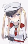  akai_ronii blonde_hair blue_eyes breasts capelet flying_sweatdrops gloves graf_zeppelin_(kantai_collection) hat kantai_collection large_breasts peaked_cap solo twintails twitter_username uniform 