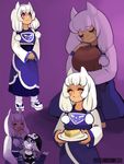 androgynous animal_ears beanie black_sclera blue_(hopebiscuit) closed_eyes covering_mouth food frisk_(undertale) genderswap genderswap_(mtf) goat_ears goat_girl hand_over_own_mouth hat hug humanization long_hair looking_up motherly multiple_girls pie pink_eyes sans sidelocks smile toriel undertale wavy_mouth white_hair 