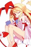  ;d bare_legs blonde_hair bow demon_tail detached_sleeves disgaea earrings fang flonne flonne_(fallen_angel) hair_bow hairband heart heart_earrings high_heels jewelry leotard long_hair makai_senki_disgaea one_eye_closed open_mouth pointy_ears red_bow red_eyes red_footwear red_leotard shoes smile solo tail tail_bow white_background white_bow yuuki_(irodo_rhythm) 