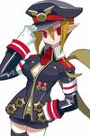  adjusting_clothes adjusting_hat armband black_hat blonde_hair cowboy_shot disgaea expressionless gloves hat long_hair makai_senki_disgaea_3 military military_hat military_uniform pointy_ears ponytail red_eyes salvatore_(disgaea) shorts slit_pupils solo uniform very_long_hair white_background white_gloves yuuki_(irodo_rhythm) 