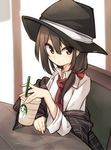  brown_eyes brown_hair commentary hair_ribbon hat hat_ribbon long_hair long_sleeves natsuki_teru necktie off_shoulder ribbon shirt sitting solo starbucks table touhou upper_body usami_renko vest 