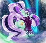  coloratura_(mlp) colored_pencil drawing equine female high_collar kristal_candeo_(artist) lazer_show mammal my_little_pony on_stage studded_leather_top 