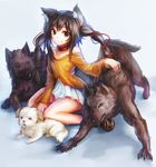  animal animal_ears bare_shoulders between_legs borrowed_character brown_fur brown_hair choker collarbone dog freeze-ex grey_background hair_ribbon hand_between_legs long_hair long_sleeves off_shoulder original petting pleated_skirt red_ribbon ribbon shirt simple_background sitting skirt smile solo twintails wariza white_fur white_skirt yellow_shirt 