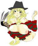  :o a_nightmare_on_elm_street bad_id bad_pixiv_id bare_shoulders bishoujo_terror blonde_hair blush breast_slip breasts claws drill_hair freddy_krueger genderswap genderswap_(mtf) gloves green_eyes hat highres kotobukiya_bishoujo large_breasts long_hair looking_at_viewer mochi_(pixiv3211593) navel one_breast_out scar single_glove solo striped striped_sweater sweater torn_clothes upper_body very_long_hair white_background 