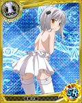  blush card_(medium) cat_hair_ornament character_name chess_piece from_behind garter_straps hair_ornament high_school_dxd looking_at_viewer looking_back official_art rook_(chess) silver_hair skirt solo thighhighs topless toujou_koneko trading_card white_legwear white_skirt yellow_eyes 