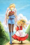  angel_wings blonde_hair blue_footwear boots breath_of_fire breath_of_fire_iii breath_of_fire_iv child crossover day dress full_body hairband knee_boots multiple_girls nina_(breath_of_fire_iii) nina_(breath_of_fire_iv) ochazukefinch outdoors pantyhose short_hair skirt sky staff very_short_hair white_wings wings younger 