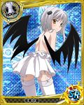  blush card_(medium) cat_hair_ornament character_name chess_piece demon_wings garter_straps hair_ornament high_school_dxd looking_at_viewer looking_back official_art rook_(chess) silver_hair skirt solo thighhighs topless toujou_koneko trading_card white_legwear white_skirt wings yellow_eyes 