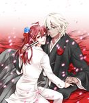  ahoge blue_eyes boutonniere dark_skin dark_skinned_male eyepatch fan fire_emblem fire_emblem_if flower formal hair_flower hair_ornament japanese_clothes long_hair male_focus multiple_boys petals ponytail red_eyes red_hair sitting suit tsubaki_(fire_emblem_if) white_hair yaoi zero_(fire_emblem_if) zrtb_feif 