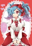  alternate_costume blue_hair bow eighth_note fire_emblem fire_emblem_if hair_over_one_eye long_hair momosemocha multicolored_hair musical_note pieri_(fire_emblem_if) pink_eyes pink_hair red_background smile solo translated twintails two-tone_hair 