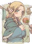  blonde_hair braid chopsticks dungeon_meshi elf english food fork hood ibukichi mandrake marcille pointy_ears robe saliva solo_focus spoon twin_braids 