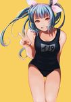  bad_id bad_twitter_id blue_hair do_(artist) gradient_hair hair_ornament hair_ribbon highres i-19_(kantai_collection) kantai_collection long_hair multicolored_hair one-piece_swimsuit red_eyes ribbon school_swimsuit smile solo star star-shaped_pupils swimsuit symbol-shaped_pupils tri_tails v 