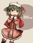  :d animal_ears beret blush blush_stickers boots breath commentary_request dress english fang gloves green_eyes green_hair hat kasodani_kyouko long_sleeves nagomibako_(nagomi-99) open_mouth scarf short_hair smile solo touhou winter_clothes 