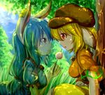  absurdres animal_ears blonde_hair blue_hair bunny_ears crop_top dango dappled_sunlight day dior-zi ear_clip eye_contact floppy_ears food grass hat head_to_head highres long_hair looking_at_another low-tied_long_hair multiple_girls orange_shirt outdoors red_eyes ringo_(touhou) seiran_(touhou) shirt sitting skewer sky smile sunlight tears touhou transparent tree under_tree wagashi 