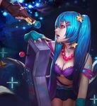  arcade_sona bad_id bad_pixiv_id bangs black_gloves blue_background blue_eyes blue_gloves blue_hair bra breasts caitlyn_(league_of_legends) cleavage controller elbow_gloves eyebrows eyeshadow fingerless_gloves fingernails game_controller gloves hair_ornament hair_over_shoulder hairclip highres jewelry joystick league_of_legends lips long_hair looking_at_another looking_to_the_side makeup medium_breasts microskirt midriff multiple_girls navel necklace no_shirt off_shoulder open_mouth out_of_frame purple_bra rabbit_(tukenitian) single_hand sitting skirt solo_focus sona_buvelle sparkle star star_hair_ornament strap_slip teeth twintails underwear very_long_hair ward 