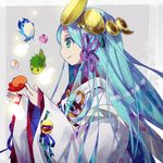  amaterasu_(p&amp;d) aqua_hair aya003030 brachy_(p&amp;d) green_eyes japanese_clothes kimono long_hair plessie_(p&amp;d) puzzle_&amp;_dragons smile tyrra_(p&amp;d) 