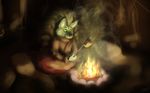 acru_jovian brown_fur campfire canine clothing cooking cookout digital_media_(artwork) fire food fur green_eyes headdress high_contrast male mammal meat night robe simple_background smoke solo wolf 