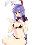  animal_ears bikini black_bikini blush breasts bunny_ears extra_ears highres large_breasts long_hair micro_bikini navel nigo_(aozoragarou) open_mouth purple_hair red_eyes reisen_udongein_inaba scarf side-tie_bikini sitting solo swimsuit touhou underboob very_long_hair waving 