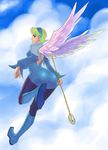  angel_wings ass blonde_hair blue_footwear boots breasts breath_of_fire breath_of_fire_iv cloud day dress earrings flying full_body hairband jewelry knee_boots medium_breasts nina_(breath_of_fire_iv) nyantiu outdoors pantyhose short_hair skirt sky solo staff very_short_hair white_wings wings 
