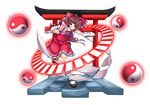  bad_id bad_pixiv_id bow brown_eyes brown_hair detached_sleeves dress gohei hair_bow hair_tubes hakurei_reimu hitotsuki_nebura long_hair long_sleeves looking_at_viewer ponytail red_dress ribbon-trimmed_sleeves ribbon_trim sarashi smile solo spell_card torii touhou very_long_hair wide_sleeves yin_yang 