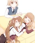  bad_id bad_pixiv_id blonde_hair brown_hair couch garibata hair_ornament hairclip highres long_hair multiple_girls nanamori_school_uniform oomuro-ke oomuro_hanako oomuro_nadeshiko oomuro_sakurako pillow school_uniform serafuku siblings sisters sleeping very_long_hair yuru_yuri 