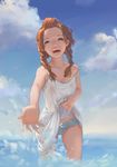  aqua_eyes blue_panties blue_sky blush bow bow_panties braid brown_hair cloud collarbone cowboy_shot da_mazi day ears flat_chest hair_over_shoulder highres nose ocean open_mouth original outdoors outstretched_hand panties see-through shirt shirt_lift sky smile solo splashing standing strap_slip twin_braids underwear wading water wet wet_clothes wet_shirt white_shirt 