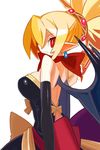  bat_wings black_dress blonde_hair bow bright_pupils cowboy_shot disgaea dress earrings jewelry makai_senki_disgaea_2 pointy_ears red_eyes rozalin short_hair slit_pupils smile solo white_background wings yellow_bow yuuki_(irodo_rhythm) 