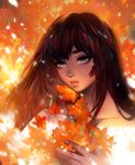  autumn autumn_leaves black_hair blue_eyes collarbone dark_skin dress ein_lee freckles glowing holding holding_leaf leaf lips original parted_lips petals solo strapless strapless_dress upper_body white_dress 