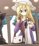  bag blonde_hair blue_eyes blurry blush commentary dress hat long_hair long_sleeves looking_at_another looking_down maribel_hearn mob_cap multiple_girls natsuki_teru out_of_frame ribbon shoulder_bag smile solo_focus sparkle starbucks touhou usami_renko v vest 