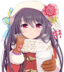  amazake_(drink) beret blue_bow blush bow brown_gloves close-up coat cup drink flower giving gloves hair_between_eyes hat hat_bow hat_flower kasumi_(shironeko_project) long_hair long_sleeves looking_at_viewer milk purple_hair red_eyes rukotan scarf shironeko_project simple_background solo steam white_background white_scarf winter_clothes winter_coat 