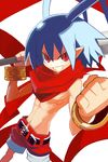  antenna_hair blue_hair clenched_hand disgaea grin laharl makai_senki_disgaea male_focus pointy_ears red_eyes red_scarf red_shorts scarf shirtless shorts slit_pupils smile solo sword toned toned_male weapon white_background yuuki_(irodo_rhythm) 