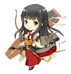  akagi_(zhan_jian_shao_nyu) arrow bow_(weapon) breasts brown_hair chibi commentary_request detached_sleeves floral_print full_body haku_(henceforward) japanese_clothes kimono long_hair looking_at_viewer medium_breasts obi quiver ribbon sarashi sash smile solo weapon zhan_jian_shao_nyu 