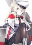  blonde_hair breasts capelet celtic_knot gloves graf_zeppelin_(kantai_collection) grey_eyes hat kagachi_saku kantai_collection large_breasts machinery miniskirt pantyhose peaked_cap skirt solo twintails uniform white_capelet 