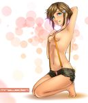  4chan aqua_eyes arm_up armpits artist_name barefoot blush breasts brown_hair commentary covered_nipples cutoffs frayed_clothes full_body grin hair_ornament hairclip kneeling lips mathias_leth navel no_shirt open_fly original panties pink_panties short_hair short_shorts shorts sideboob small_breasts smile solo striped striped_panties suspenders toes topless troll_face underwear unzipped 