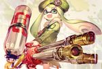  :d artist_name badge bangs bike_shorts blunt_bangs domino_mask fang green_eyes green_hair green_jacket hat holding holding_weapon hydra_splatling_(splatoon) inkling jacket long_hair mask namie-kun open_mouth sidelocks simple_background smile solo splatoon_(series) splatoon_1 standing tentacle_hair weapon 