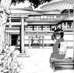  ahoge bad_id bad_pixiv_id bench ewokakuyo-zz flower flower_request greyscale hair_between_eyes hair_flower hair_ornament japanese_clothes kimono looking_at_viewer looking_back monochrome original rope shide shimenawa shrine sitting solo torii 