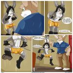  aaron_(artist) andy_porter angry anthro black_hair boxers_(clothing)fur clothing comic crossed_arms digital_media_(artwork) father hair lagamorph lagomorph male mammal mathew_porter muscular pants parent rabbit son text underwear 